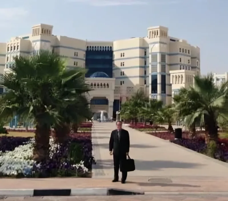 Entering Al-Wakrah Hospital in Qatar to deliver a wound care lecture